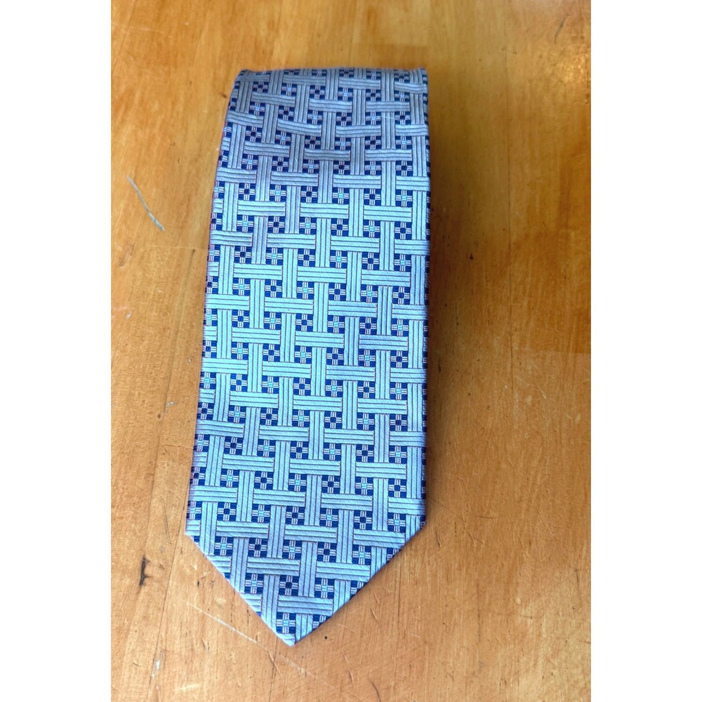 Innocenti Oro Tom James Silk Tie Silver Blue Geometric Basketweave Hand Tailored